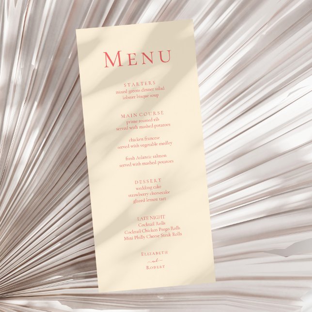 Soft Coral Moderne Minimalistische Speisekarte für Menükarte (Soft Coral Modern Minimalist Wedding Menu Card on a sunny neutral dry palm leaf.)