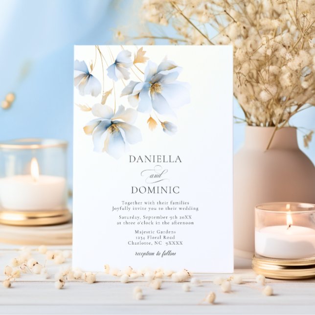 Soft Delicate Dusty Blue Gold Wildblumen Hochzeit Einladung (Soft Delicate Dusty Blue Gold Wildflowers Wedding Invitation)