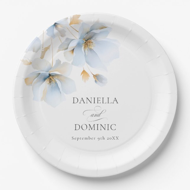 Soft Delicate Dusty Blue Gold Wildblumen Hochzeit Pappteller (Vorderseite)