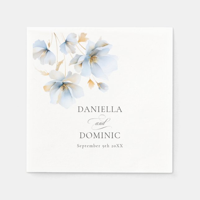 Soft Delicate Dusty Blue Gold Wildblumen Hochzeit Serviette (Vorderseite)