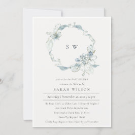 Soft Dusky Blue Floral Wreath Baby Dusche einladen Dankeskarte