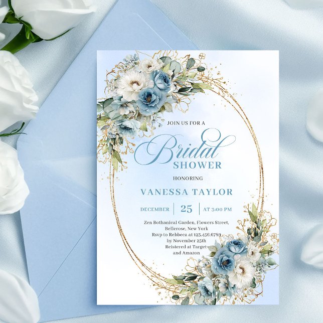 Soft Dusty Blue Floral Script Bridal Shower Invite Einladung (Soft Dusty Blue Floral Script Bridal Shower Invitation)
