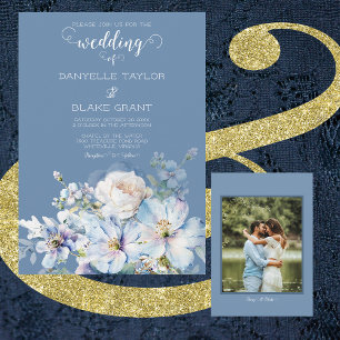 Soft Dusty Blue Ivory Floral Foto Wedding Einladung