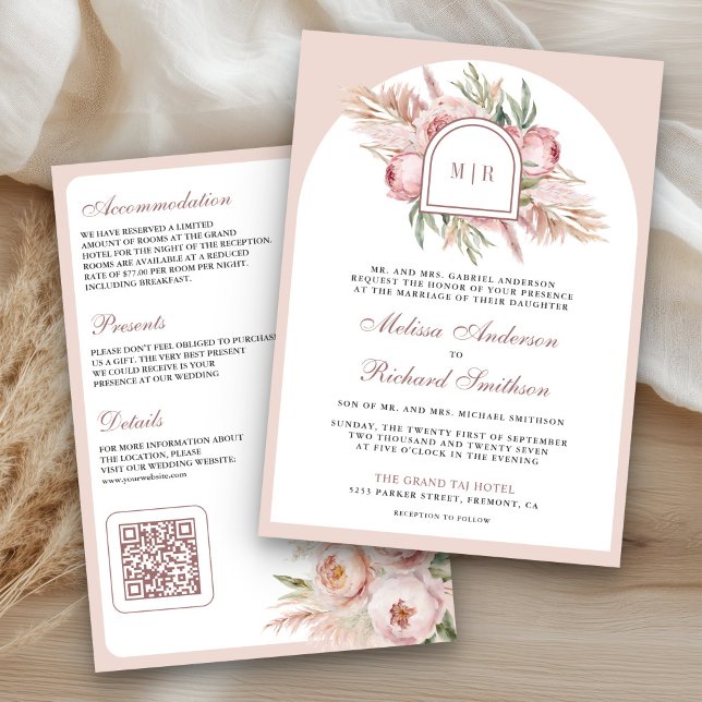 Soft Dusty Rose Pink Floral Pampas QR Code Wedding Einladung (Von Creator hochgeladen)