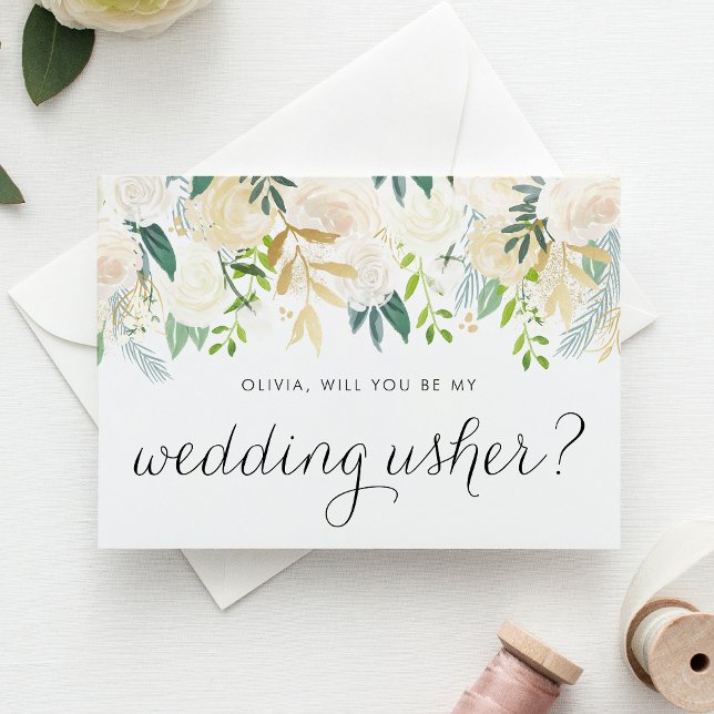 Soft-Elfenbein-Blume werden Sie mein Hochzeitsgürt Karte (Elegant wedding usher proposal card featuring ivory flowers, greenery, and faux gold foil accents.)