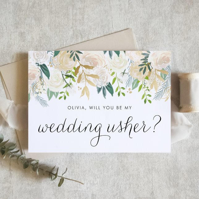 Soft-Elfenbein Blumengarten wird mein Usher sein (Botanical wedding usher proposal card featuring ivory flowers, greenery, and faux gold foil accents.)