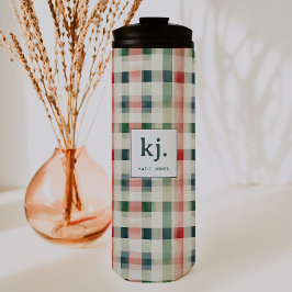 Soft Evergreen Gingham Monogram Thermosbecher
