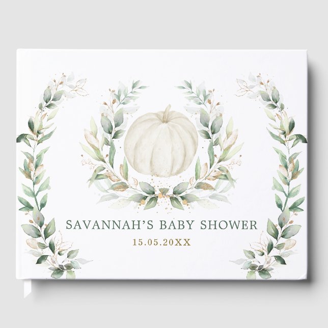 Soft Fall Pumpkin Greenery Gold Neutral Baby Gästebuch (Vorderseite)