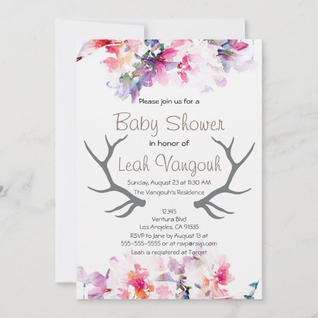 Soft Floral & Antler Babydusche Einladung (Vorderseite)