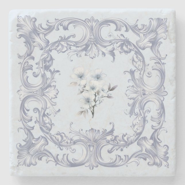 Soft French blue Scrolls mit Blume Steinuntersetzer (Vorderseite)