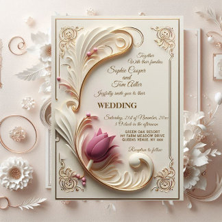 Soft Gold Baroque Grandeur mit Tulip Floral Swirl Einladung