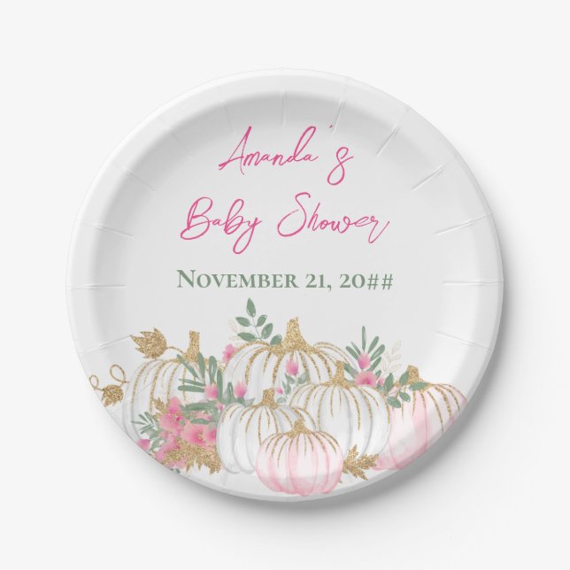 Soft Gold Blush Pink Rose Pumpkin Baby Dusche Pappteller (Vorderseite)