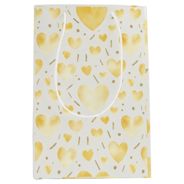Soft Gold Watercolor & Glitter Hearts Pattern Mittlere Geschenktüte (Vorderseite)