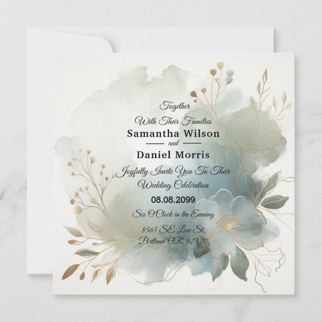 Soft Golden Dusty Blue Romance Wedding Einladung (Vorderseite)