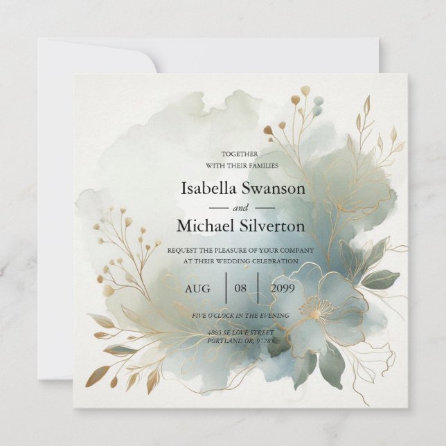 Soft Golden Dusty Blue Romance Wedding Einladung (Vorderseite)