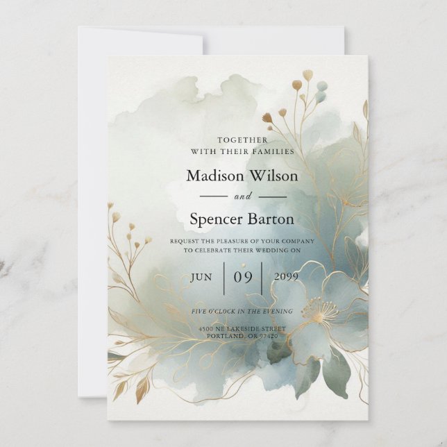 Soft Golden Dusty Blue Romance Wedding Einladung (Vorderseite)