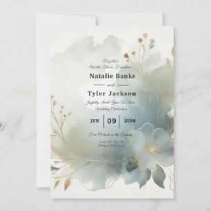 Soft Golden Dusty Blue Romance Wedding Einladung