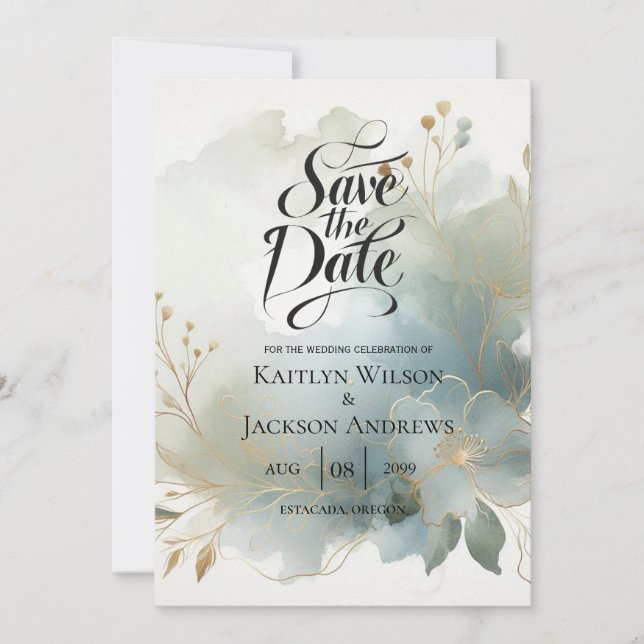 Soft Golden Dusty Blue Romance Wedding Save The Date (Vorderseite)