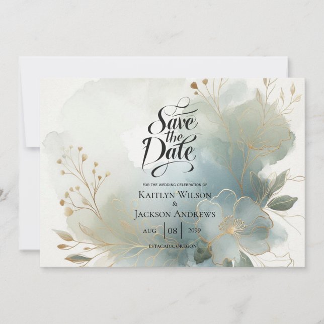 Soft Golden Dusty Blue Romance Wedding Save The Date (Vorderseite)