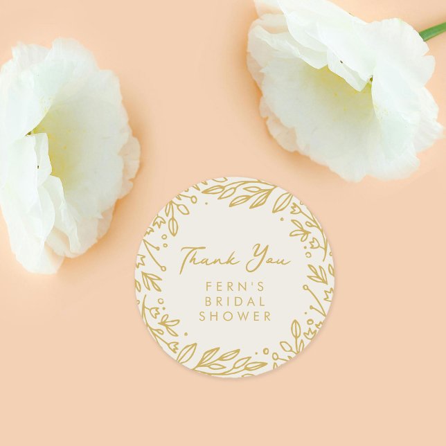 Soft Golden Garden Floral Brautparty Vielen Dank Runder Aufkleber (Golden botanical Thank You stickers from the Gilded Garden bridal shower suite.)