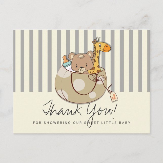 Soft Gray Baby Animals Baby Dusche Vielen Dank Postkarte (Vorderseite)