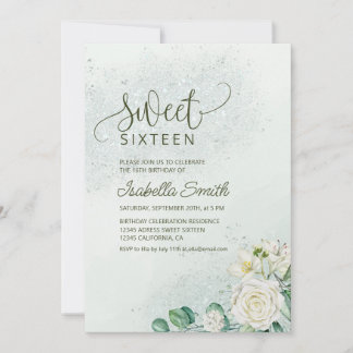 Soft Green & Blush Sweet 16 Invitation White Roses Einladung