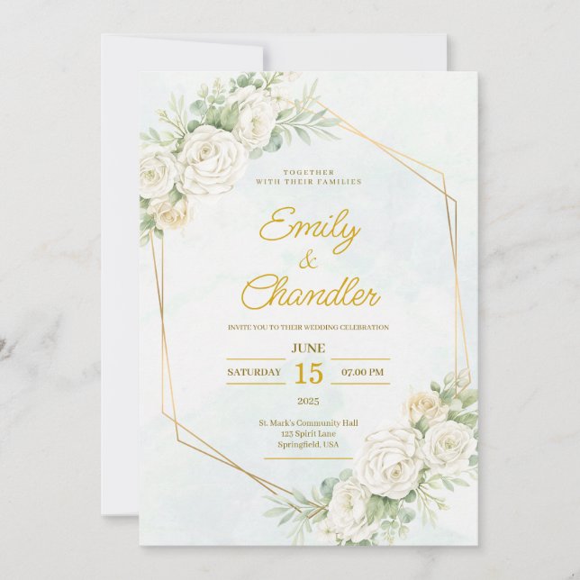 Soft Green Elegant Boho Floral Gold Modern Wedding Einladung (Vorderseite)