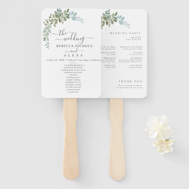 Soft Green Eucalyptus Watercolor Rustic Wedding Fächer (Vorne und Hinten)