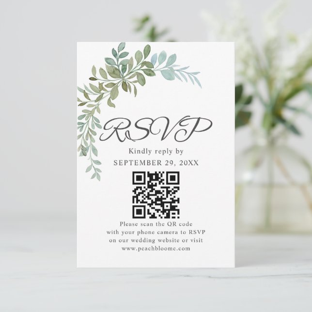 Soft Green Eucalyptus Watercolor Rustic Wedding RSVP Karte (Stehend Vorderseite)