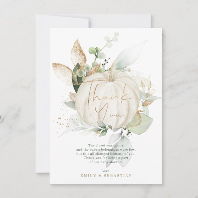 Soft Green Gold Botanical Eucalyptus Baby Dusche Dankeskarte (Vorderseite)