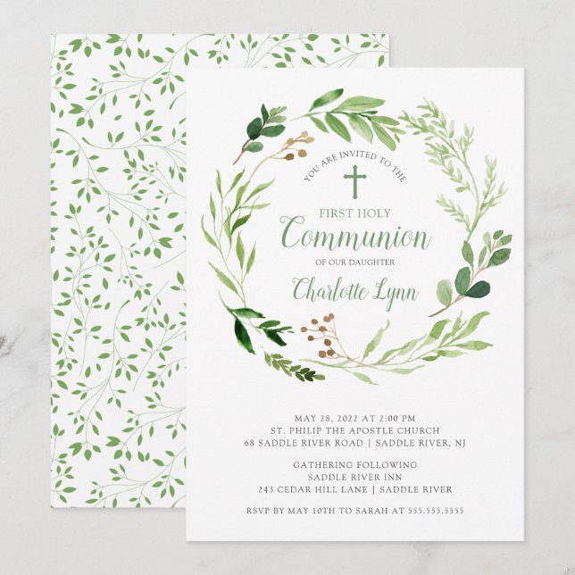 Soft Green Leaf Erste Kommune Einladung (Vorne/Hinten)