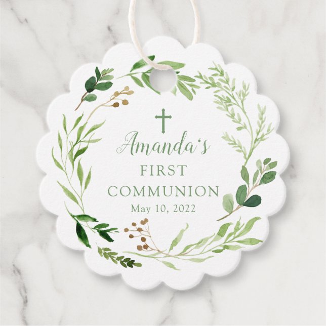 Soft Green Leaf First Heilige Kommunion Gefälligem Geschenkanhänger (Vorderseite)
