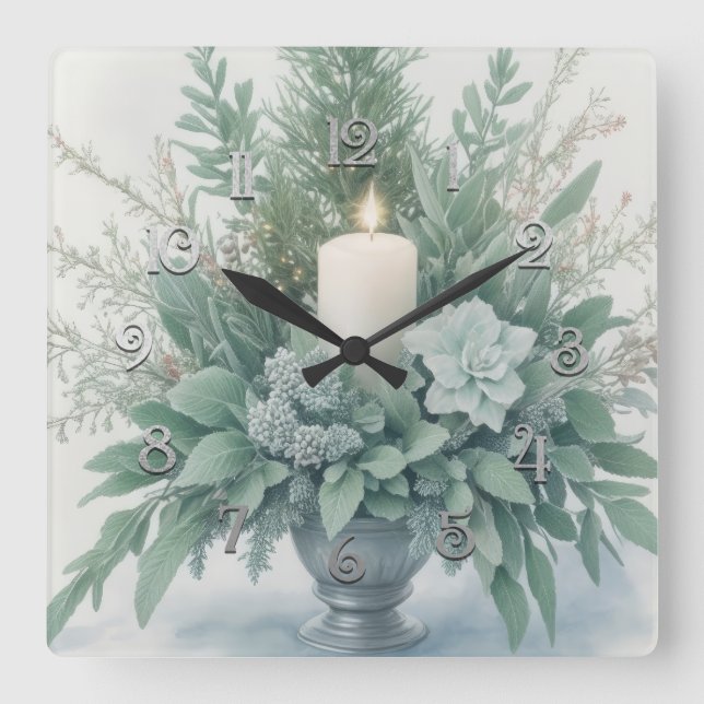 Soft Green Tones Weihnachtskerze Quadratische Wanduhr (Vorderseite)