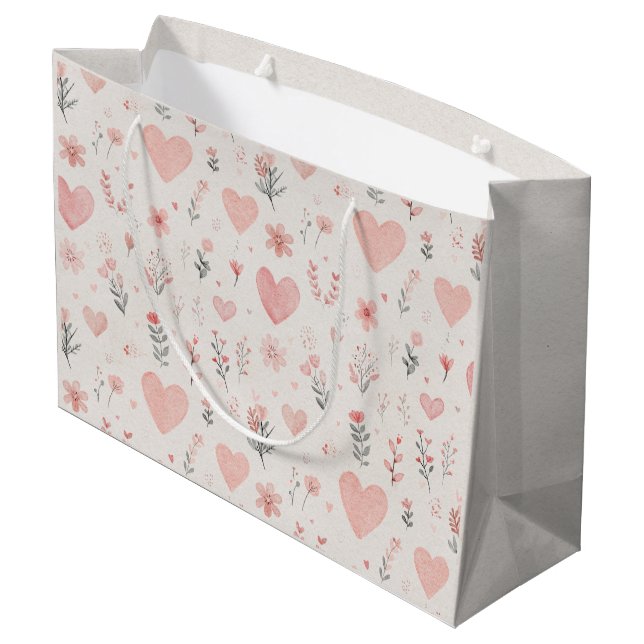 Soft Heart & Floral Pattern Gift Bag Große Geschenktüte (Rückseite Schrägansicht)