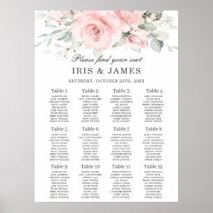 Soft Hued Pink Floral Leafy Wedding Seating Chart Poster