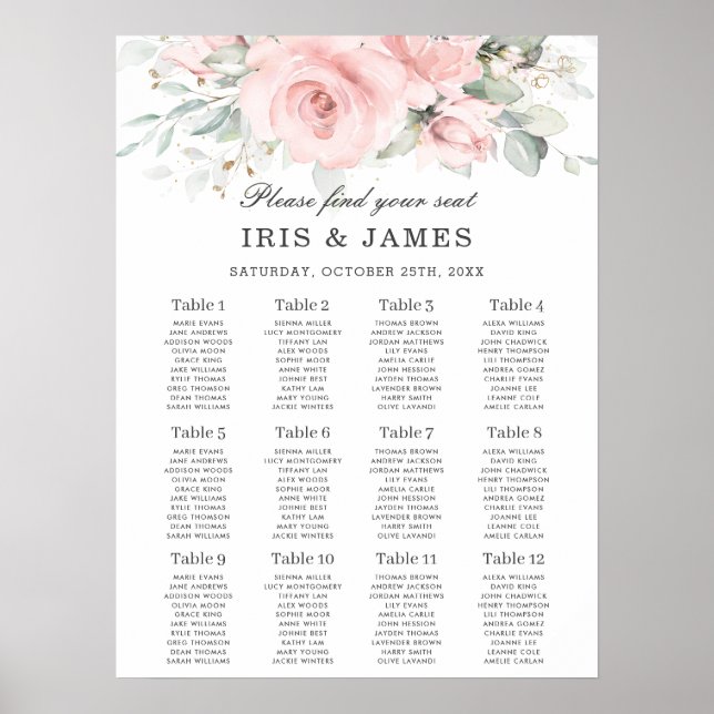 Soft Hued Pink Floral Leafy Wedding Seating Chart Poster (Vorne)