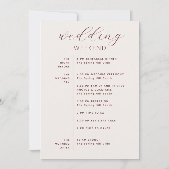 Soft Ivory Script Wedding Timeline + Welcome Einladung (Rückseite)