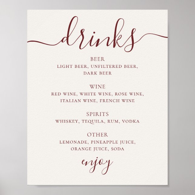 Soft Ivory Wedding Drinks Menu | Script Bar Sign Poster (Vorne)
