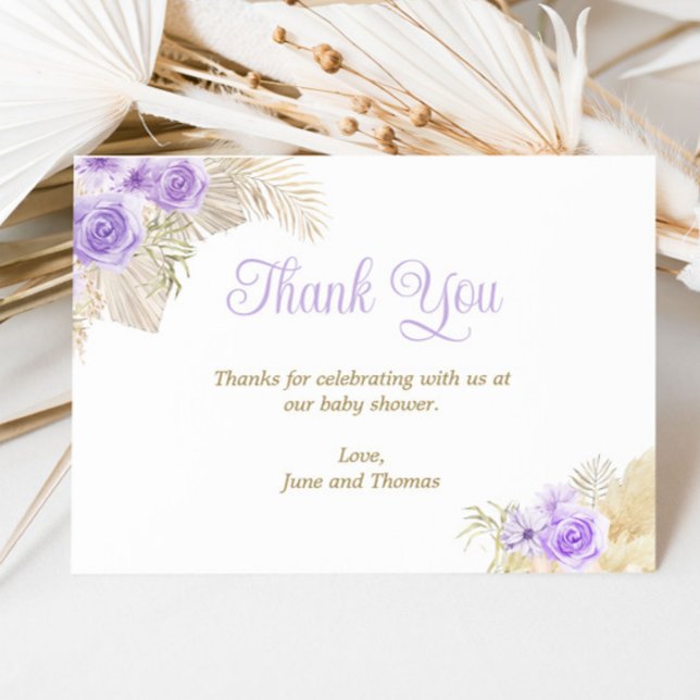 Soft Lavender Boho Pampas Floral Girl Babydusche Dankeskarte (Von Creator hochgeladen)