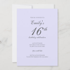 Soft Lavender Minimalist 16th Birthday Invitation Einladung