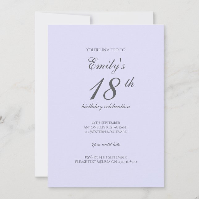 Soft Lavender Minimalist 18th Birthday Invitation Einladung (Vorderseite)