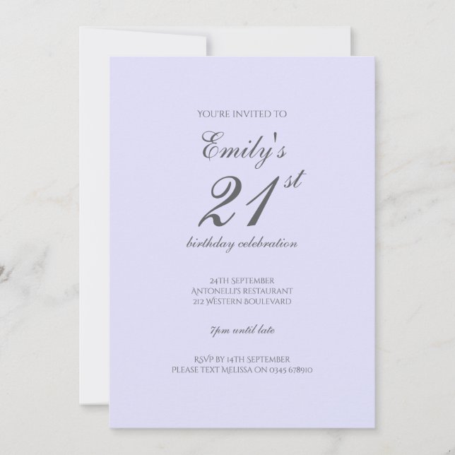 Soft Lavender Minimalist 21st Birthday Invitation Einladung (Vorderseite)