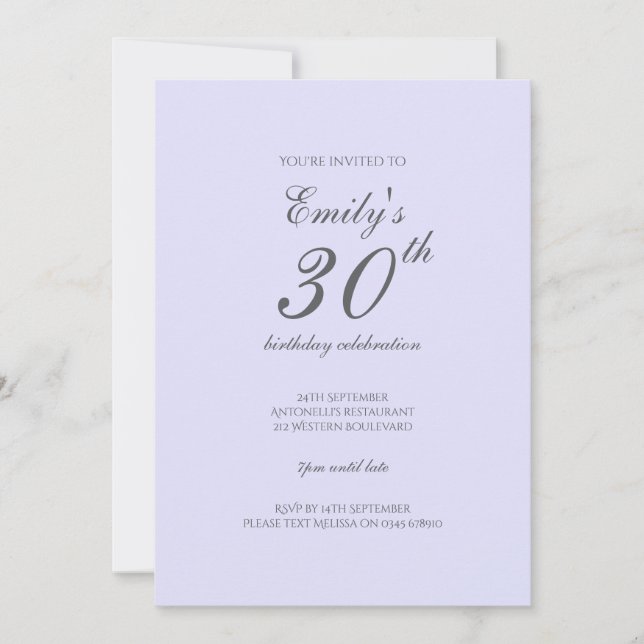 Soft Lavender Minimalist 30th Birthday Invitation Einladung (Vorderseite)