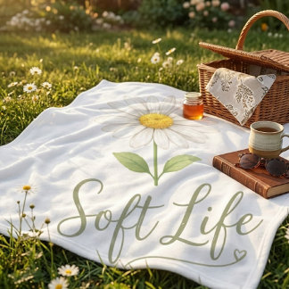 Soft Life Aesthetic Daisy Watercolor Floral Picnic Fleecedecke