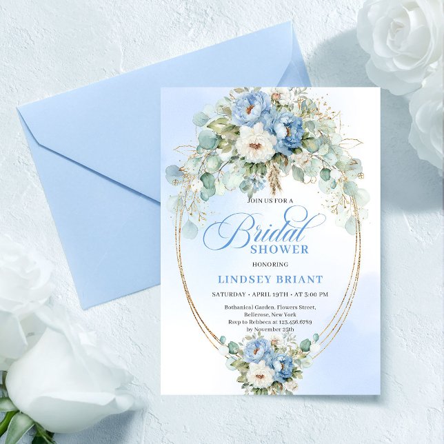 Soft Light Blue Peonies Gold Bridal Shower Invite Einladung (Soft Light Blue Peonies Gold Bridal Shower Invitation)