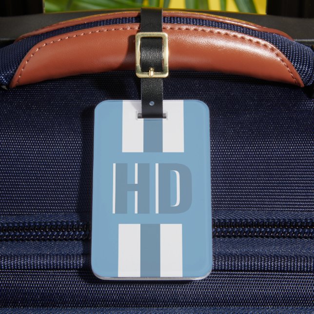 Soft Light Blue striped Shadow monogrammed modern  Gepäckanhänger (Vorderseite Insitu 2)