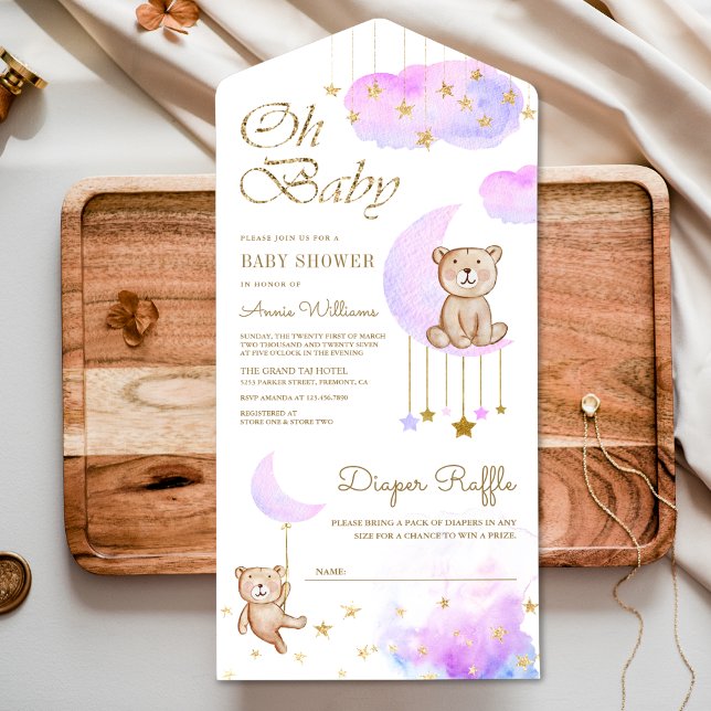 Soft Lila Moon Niedlich Teddy Bear Babydusche All In One Einladung (Von Creator hochgeladen)