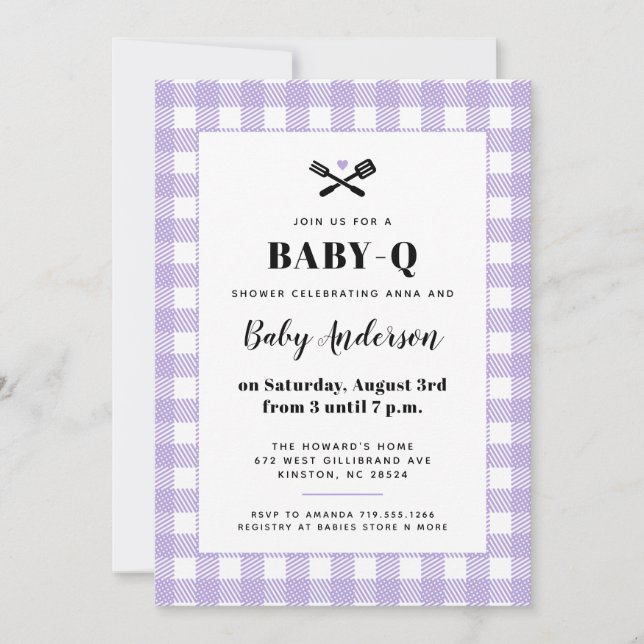Soft Lilac Gingham Kariert Baby Shower GRILLEN Einladung (Vorderseite)