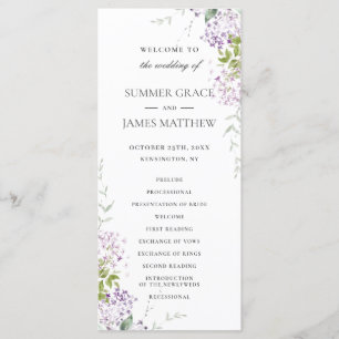 Soft Lilac Purple Floral Programme de mariage vert