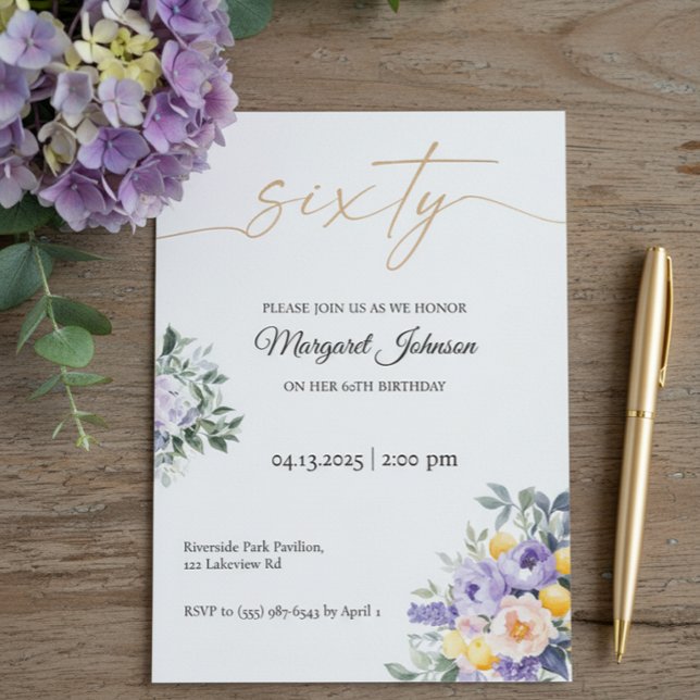 Soft Mauve Floral 60th Birthday Celebration Einladung (Sage green and mauve floral 60th birthday invitation with soft yellow accents and elegant watercolor)